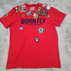 NEW Born Fly Shirt Mens XL Red Multi Patch Club Fly Crew Streetwear Y2K LOGO‎